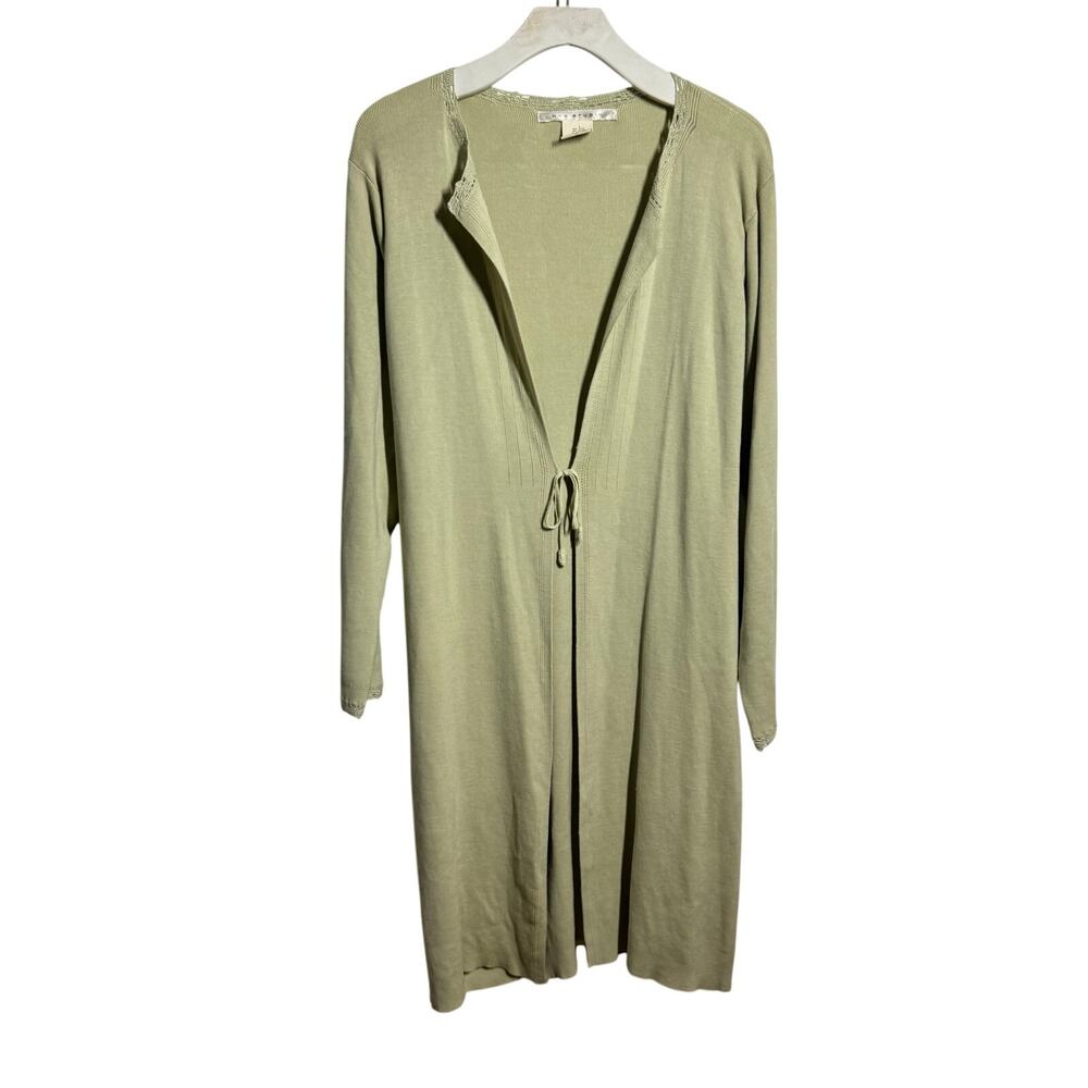 Max Studio Silk Cottage Minimal Cardigan Women L Sage Green Longline Spring Boho